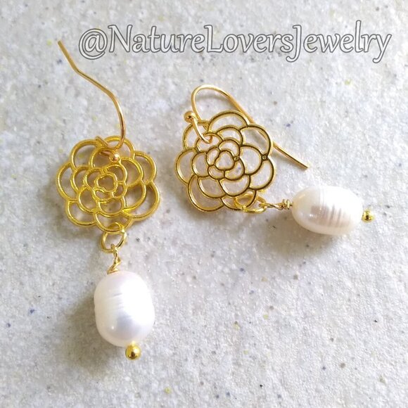 Bougie & Boho! Golden Floral & Genuine Pearl Earrings - Soft Feminine Essence - Picture 1 of 8